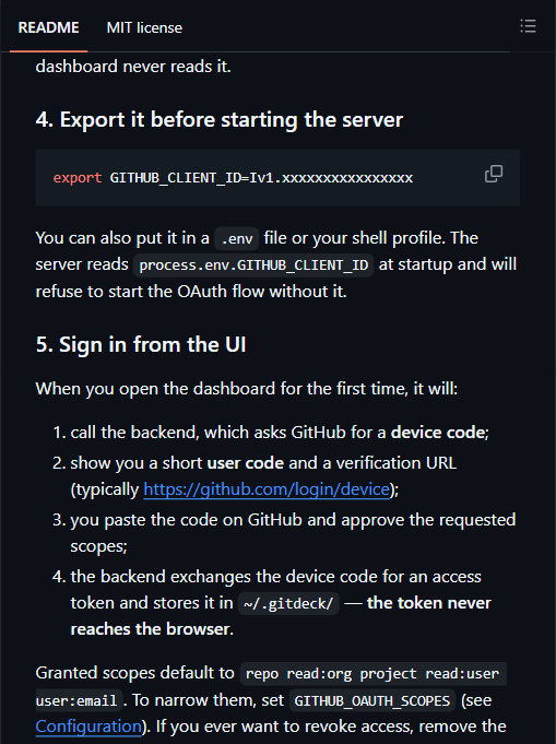 gitdeck 的 OAuth Device Flow 说明:token 存在 ~/.gitdeck,浏览器接触不到