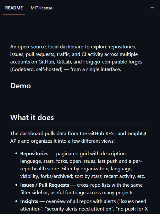 gitdeck 定位:一个界面里跨多个 GitHub/GitLab/Forgejo 账号浏览仓库、Issue、PR、流量与 CI