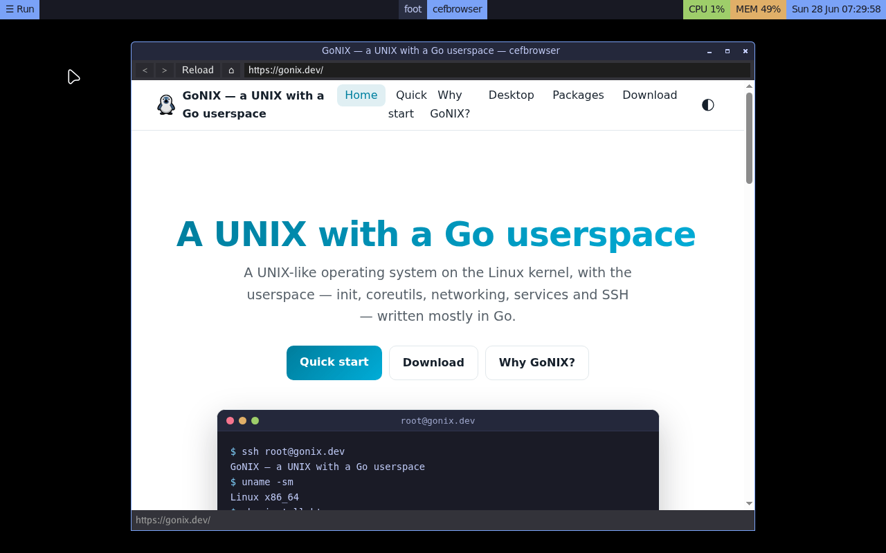 cefbrowser 在 GoNIX 桌面上实时渲染 gonix.dev 本站；页面由跑在 box 容器里的 Chromium(CEF) 渲染，窗口与外壳由纯 Go 的 wlui 绘制