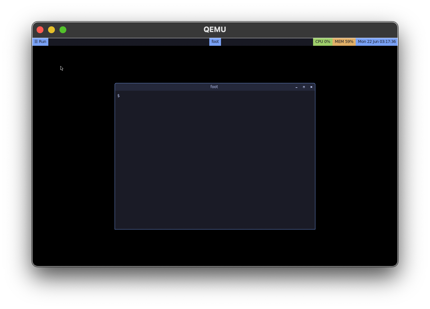GoNIX 的 Wayland 桌面：QEMU 中运行 labwc 合成器、foot 终端与 yambar 状态栏