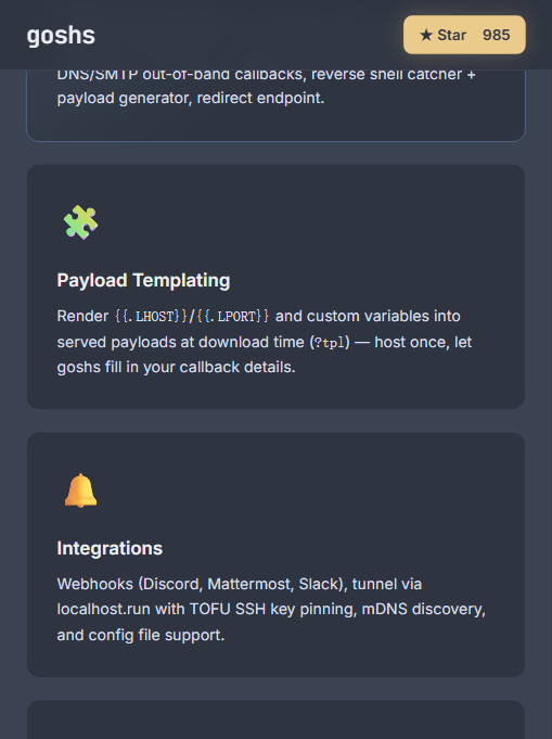 goshs 的 Payload 模板与集成：下载时渲染 {{.LHOST}}/{{.LPORT}}，内置 webhook 与隧道