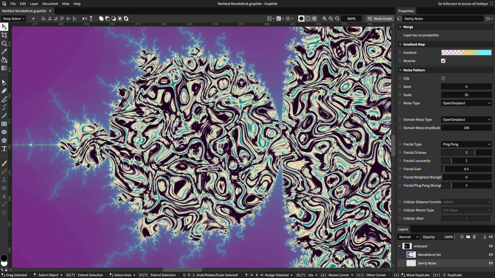 Graphite 中的 Mandelbrot 分形：右侧属性面板暴露噪声、域扭曲、分形八度等程序化参数