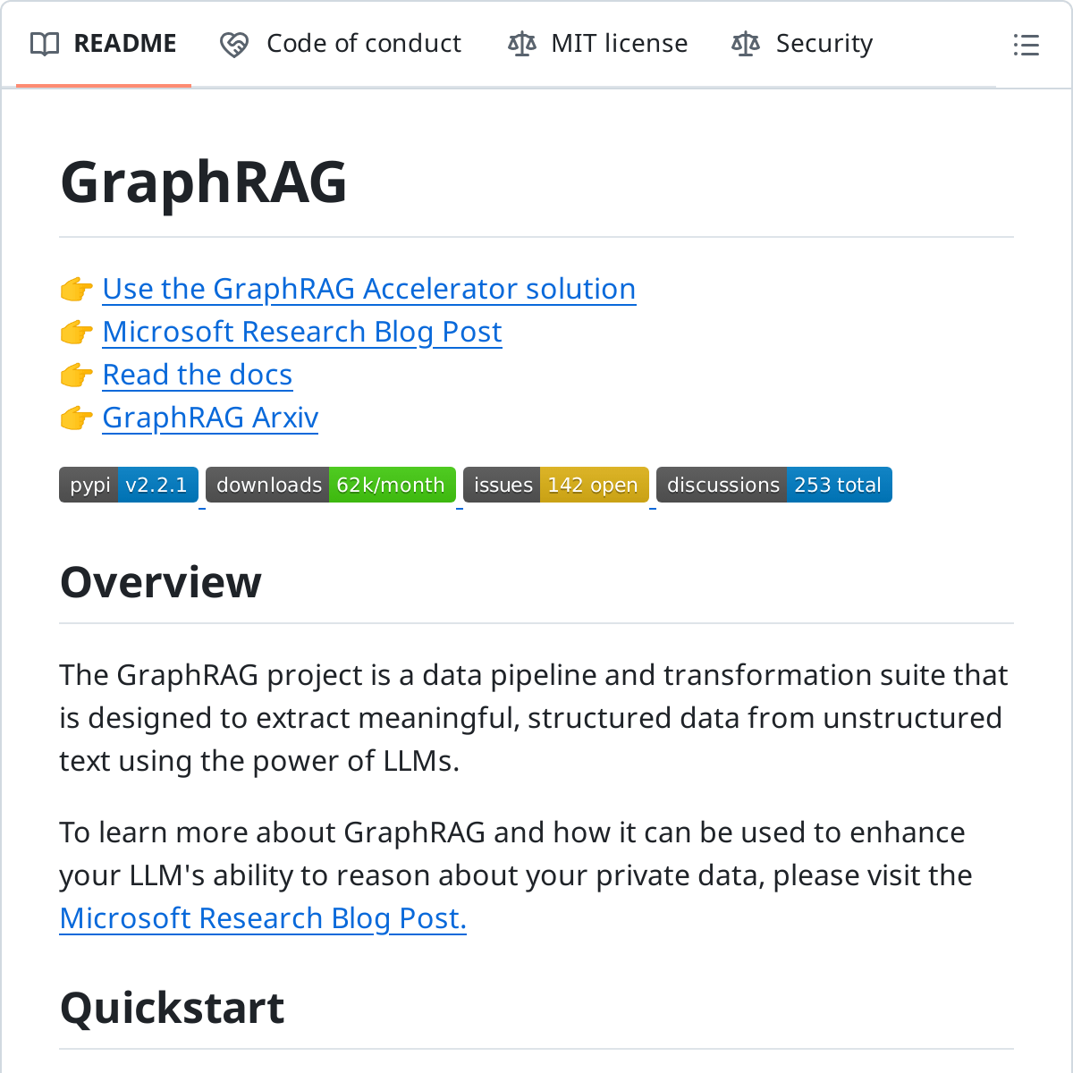 GraphRAG 官方 README：MIT 协议的开源数据管道，PyPI v2.2.1、月下载约 6.2 万