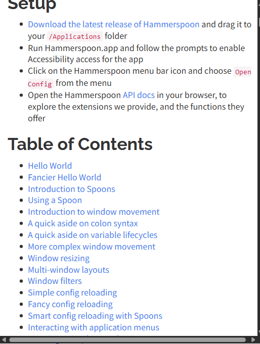 Hammerspoon 官方入门指南截图：安装与开启辅助功能的步骤，以及教程目录——从 Hello World 热键通知、窗口移动/布局/缩放、配置热重载，到响应 Wi-Fi/USB 事件、调 AppleScript、控制 iTunes/Spotify、发 iMessage，一览其可自动化的系统能力范围