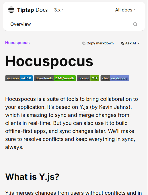 Hocuspocus 官方文档：v4.7.0、月下载 260 万、MIT 协议