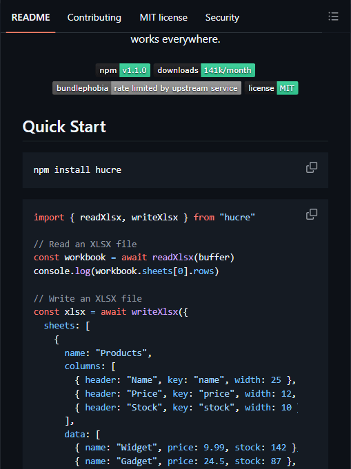 Hucre npm 包信息:v1.1.0、月下载约 14.1 万、MIT 协议
