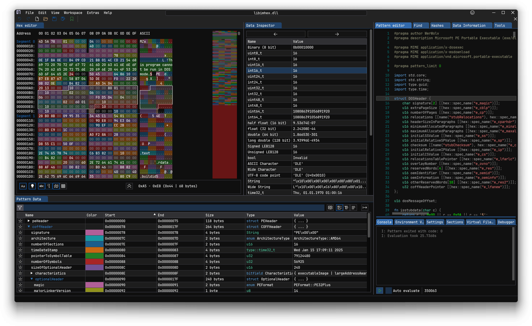 ImHex 主界面：左侧十六进制视图正在解析 libimhex.dll，右侧 Pattern Editor 用类 C 语法定义 PE 结构，下方 Pattern Data 树实时展开解析结果