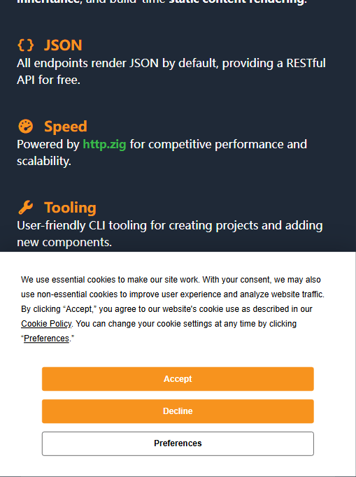 Jetzig 官网特性区：JSON——所有端点默认渲染 JSON，白送一套 RESTful API；Speed——由 http.zig 驱动，追求有竞争力的性能与可扩展性；Tooling——友好的 CLI 用于创建项目与新增组件