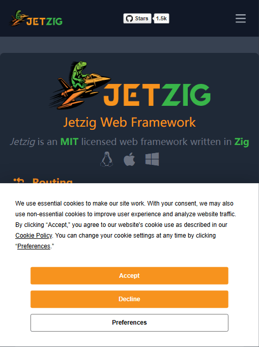 Jetzig 官网首页：Logo 是一只骑着火箭的蜥蜴，副标题 "Jetzig Web Framework"，并标注 "Jetzig is an MIT licensed web framework written in Zig"，顶部可见 GitHub Stars 约 1.5k