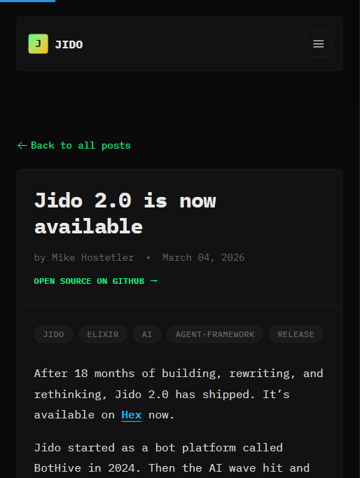 Jido 2.0 官方博客首页:标题“Jido 2.0 is now available”,作者 Mike Hostetler,发布日期 2026 年 3 月 4 日,标签为 jido / elixir / ai / agent-framework / release(截图自 jido.run)
