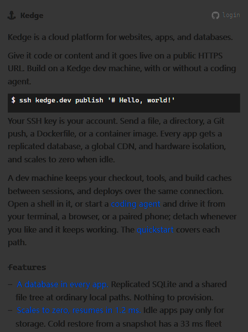 Kedge 官网首页:SSH key 即账号,一条 ssh publish 上线
