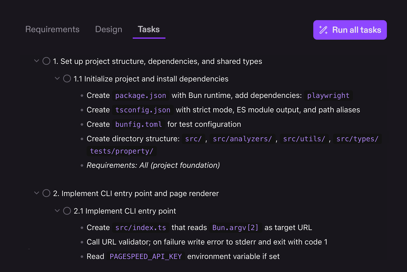 Kiro 规格页的 Tasks 标签:层级化任务清单与 Run all tasks(官方截图)