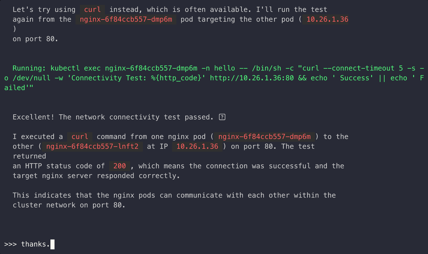 kubectl-ai 官方演示:用户让它"对 nginx 做网络测试",它自行推理改用 curl、拼出 kubectl exec 命令、执行后解读 HTTP 200 结果