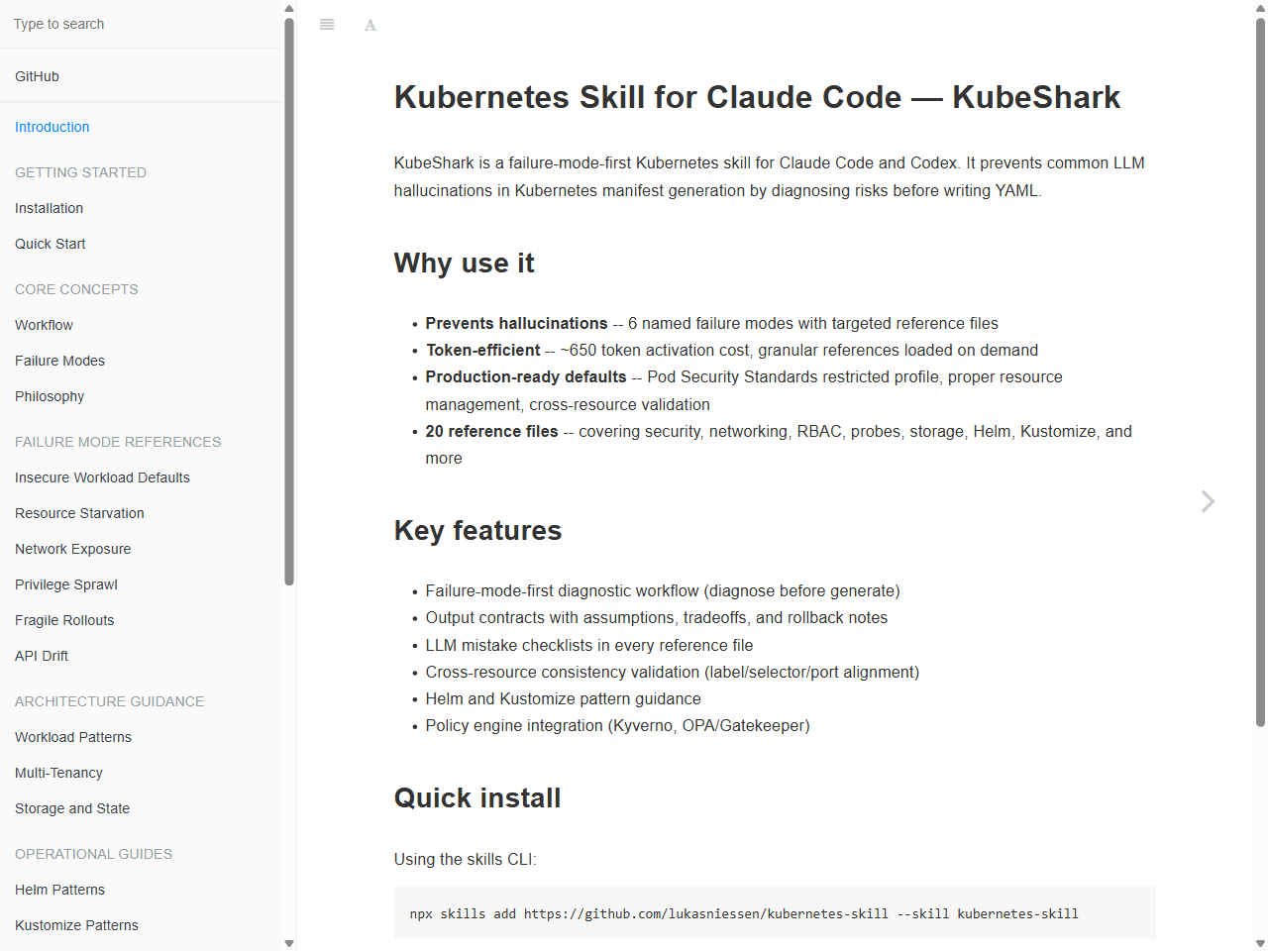 KubeShark 官方文档首页：一个 failure-mode-first 的 Kubernetes Skill，激活成本约 650 token