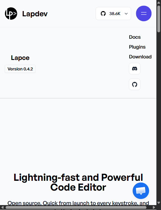 Lapce 官网：Version 0.4.2，约 38.6K stars