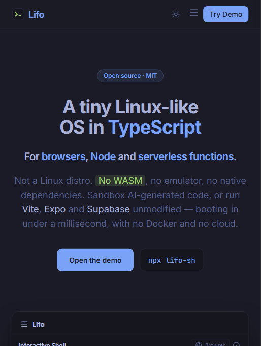 Lifo 官网首屏：用纯 TypeScript 实现的类 Linux 环境，面向浏览器、Node 与 serverless