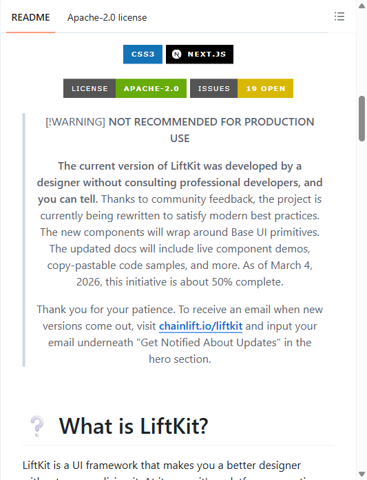 当前仓库 README 顶部警告：非专业开发者参与开发、不推荐生产，重写封装 Base UI，截至 2026-03-04 约 50%