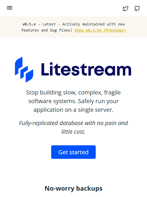Litestream 官网首页：用极低代价在单机上安全运行应用并拥有完整复制