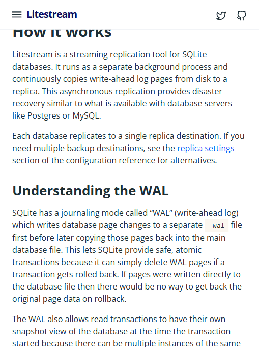 Litestream 官方 How it works：流式复制 WAL 页到副本