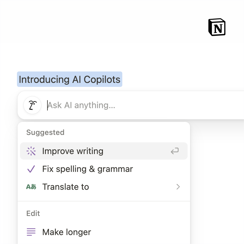 Liveblocks 预置的 AI Copilot 菜单：选中文本后可"Improve writing""Fix spelling & grammar""Translate to"，以及"Make longer"等编辑动作