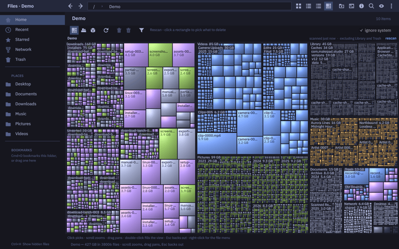 Makepad 文件管理器演示：在模拟的 38,000 个文件上渲染磁盘占用 treemap