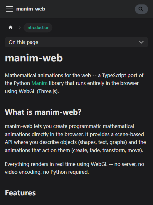 manim-web 官方文档首页：定位为"面向 Web 的数学动画"，用 TypeScript 移植 Python Manim，基于 WebGL(Three.js)