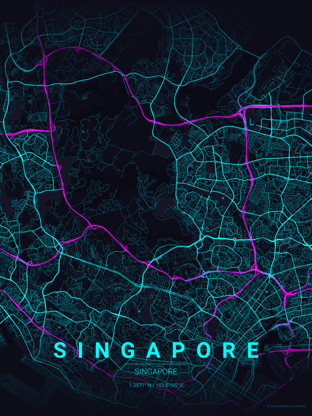 新加坡 neon_cyberpunk 主题海报：深色底上洋红色快速路与青色次干道分层描出路网，底部带城市名、国家名与经纬度（官方示例，© OpenStreetMap contributors）