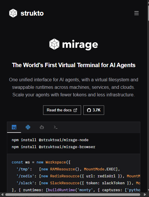 Mirage 首页：定位「The World's First Virtual Terminal for AI Agents」，约 3.7K star