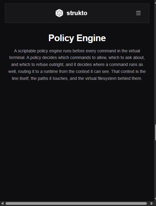 Mirage 的 Policy Engine：每条命令执行前先过脚本化策略，决定允许/询问/拒绝以及路由到哪个运行时