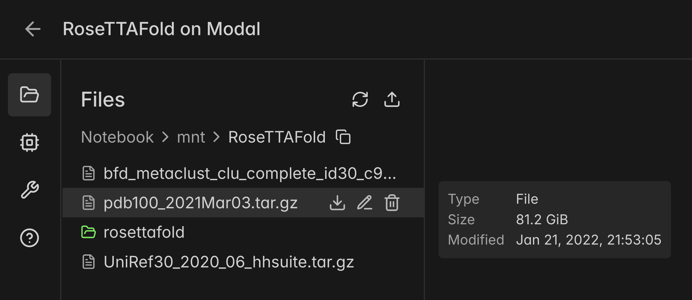Notebook 内直接浏览 Modal Volume：81.2 GiB 的 pdb100_2021Mar03.tar.gz 蛋白质数据库文件