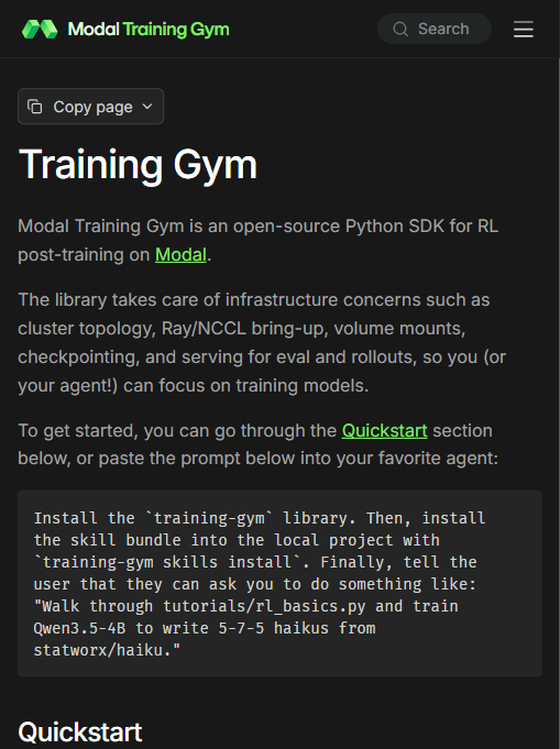 Modal Training Gym 官方文档首页:一个开源 Python SDK,把 RL 后训练的基础设施全包