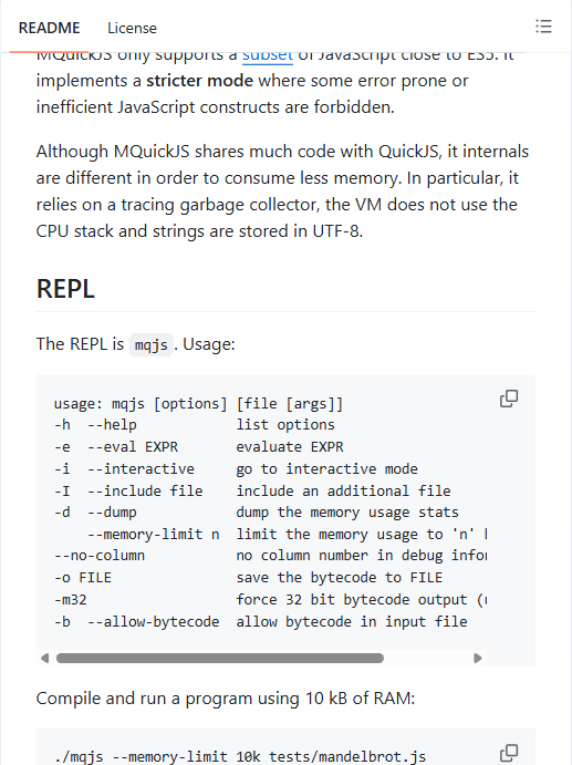 mquickjs 官方 GitHub README 节选：恒为 stricter mode、追踪式垃圾回收、VM 不使用 CPU 栈、字符串存为 UTF-8；REPL 为 mqjs，可用 --memory-limit 10k 跑 tests/mandelbrot.js