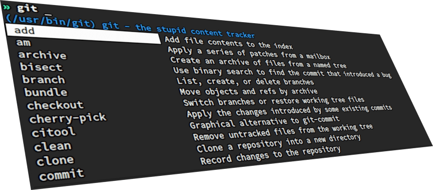 Murex 终端里输入 git 时的内联实时补全:列出 add、am、archive、bisect、branch、bundle、checkout、cherry-pick、citool、clean、clone、commit 等子命令,并在右侧给出每条命令的官方一句话说明