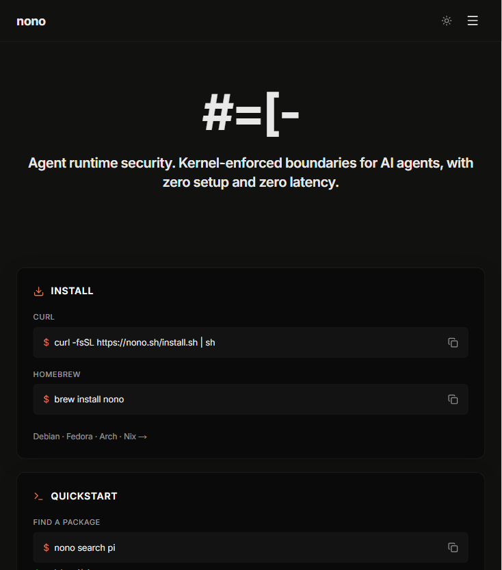 nono 官网首屏：标语"Agent runtime security，内核强制边界，零配置零延迟"，与 curl/brew 安装命令