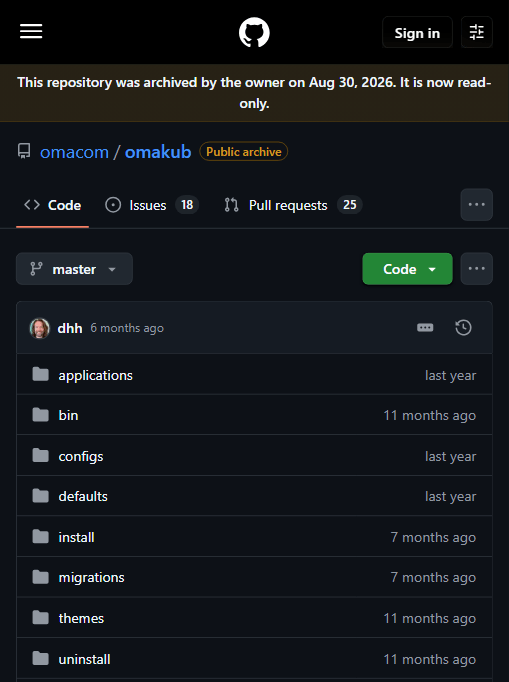 归档的 omakub 仓库：applications/bin/configs/defaults/install/migrations/themes/uninstall 八个目录，最近提交者为 dhh