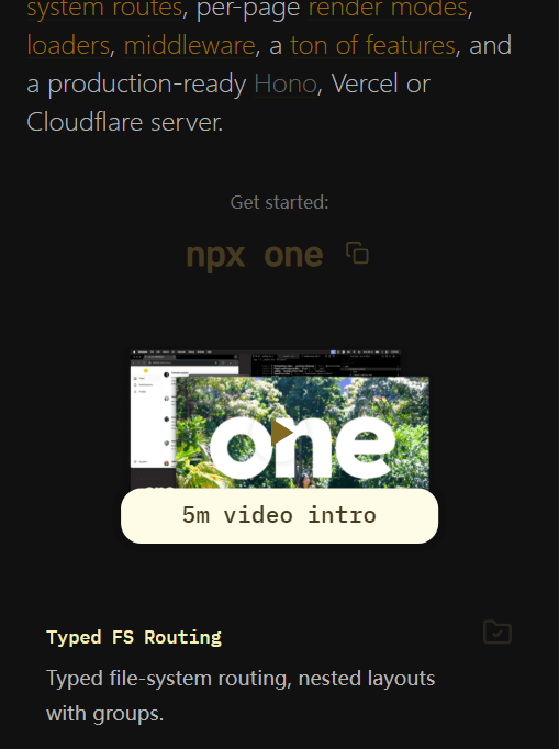 One 官网首页：npx one 一键起步与特性入口