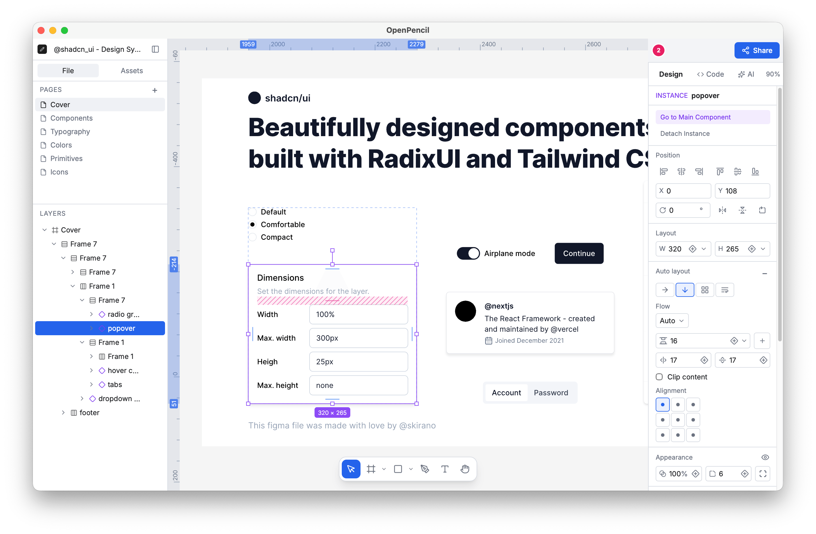OpenPencil 编辑器中打开的 shadcn/ui 设计系统文件，右侧检查器提供 Design / Code / AI 三个标签页