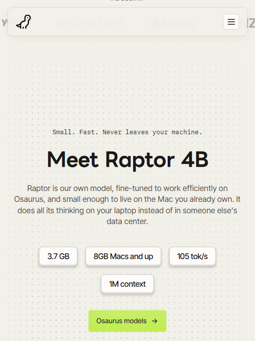 Osaurus 官网：Meet Raptor 4B 与官方公布的四项硬件指标