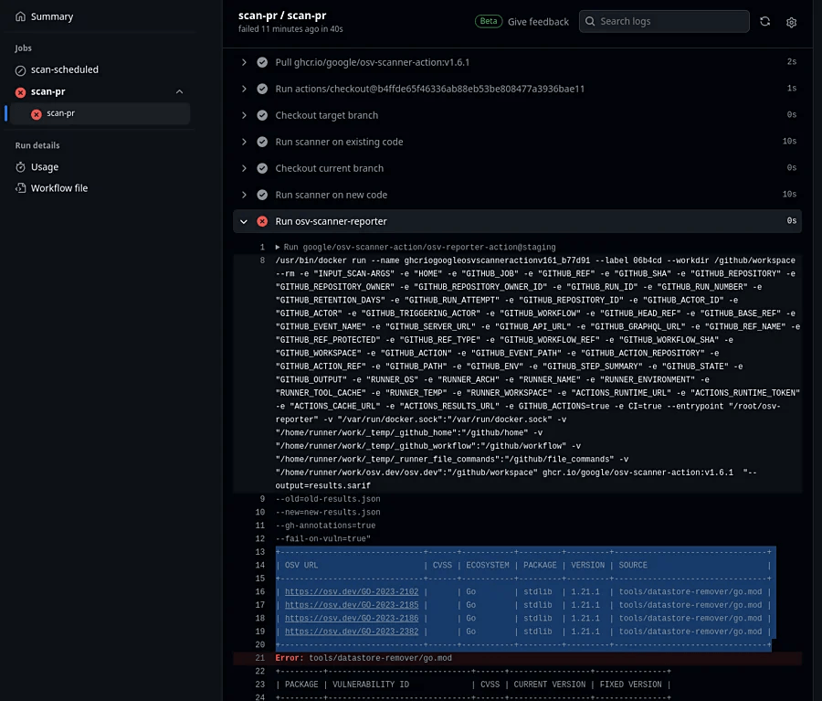 OSV-Scanner 在 GitHub Action 中的输出（官方截图）