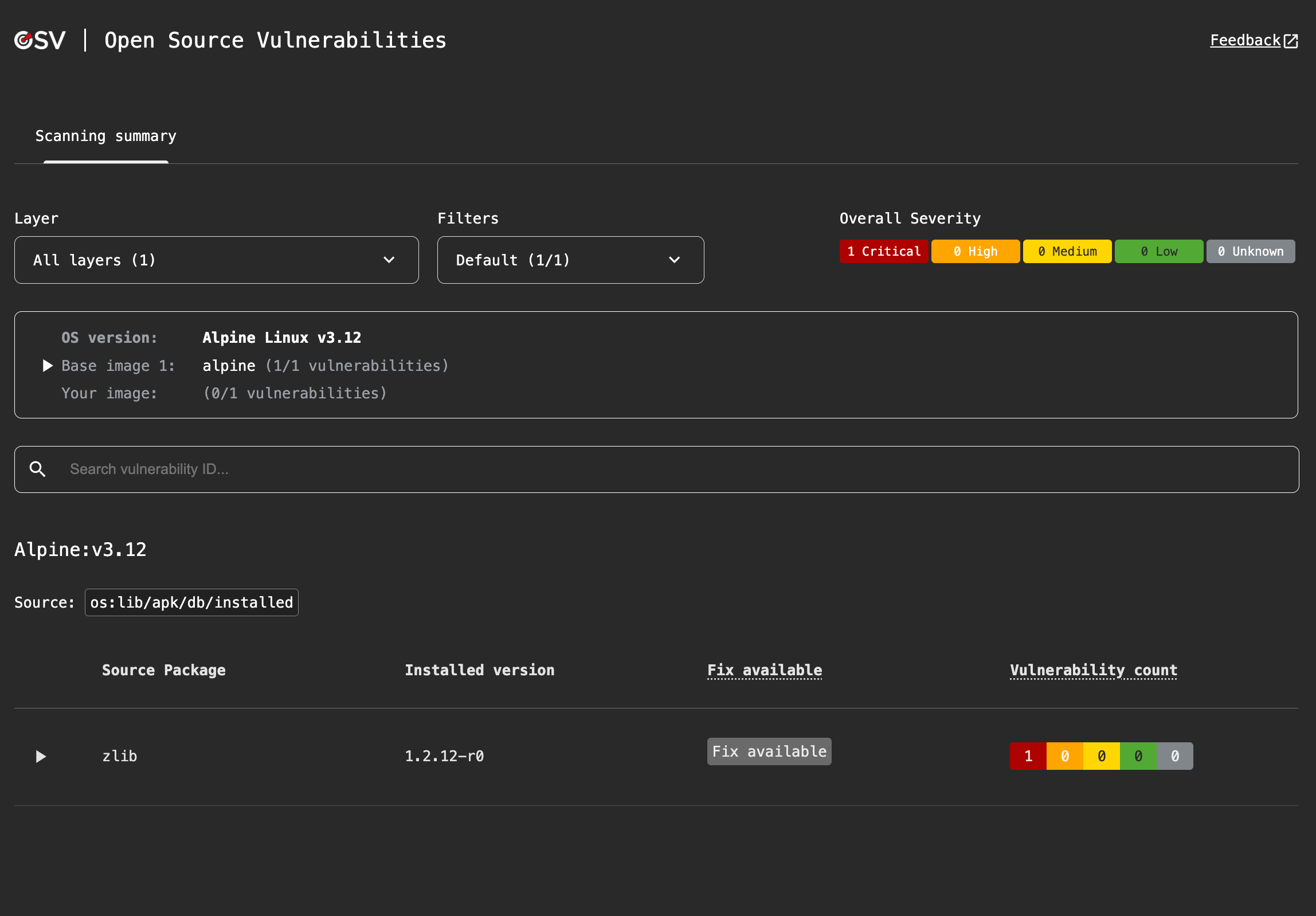 OSV-Scanner 容器镜像扫描 HTML 报告：Alpine v3.12 中 zlib 1.2.12-r0 命中 1 个 Critical（官方截图）