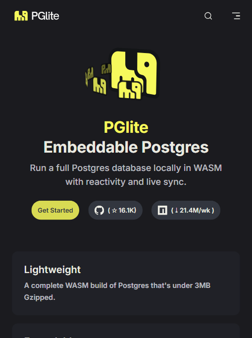 PGlite 官网首页:Embeddable Postgres,浏览器中本地运行完整 Postgres