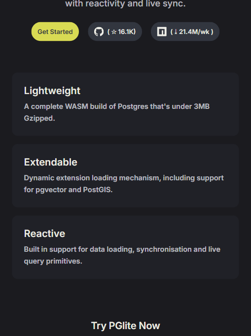 PGlite 官网三大特性:Lightweight / Extendable / Reactive