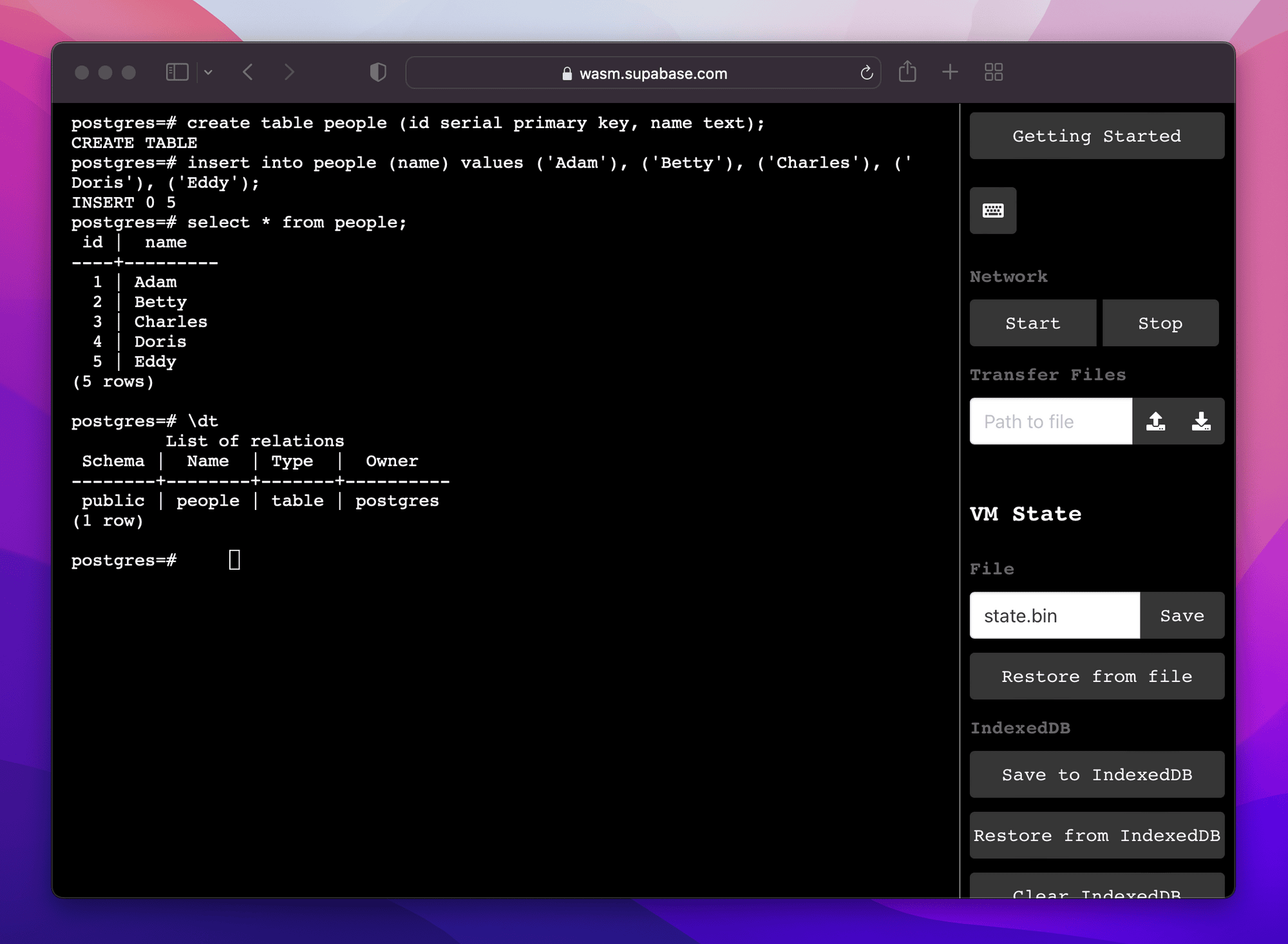 postgres-wasm 官方演示：浏览器标签页内运行 psql 并操作真实 Postgres