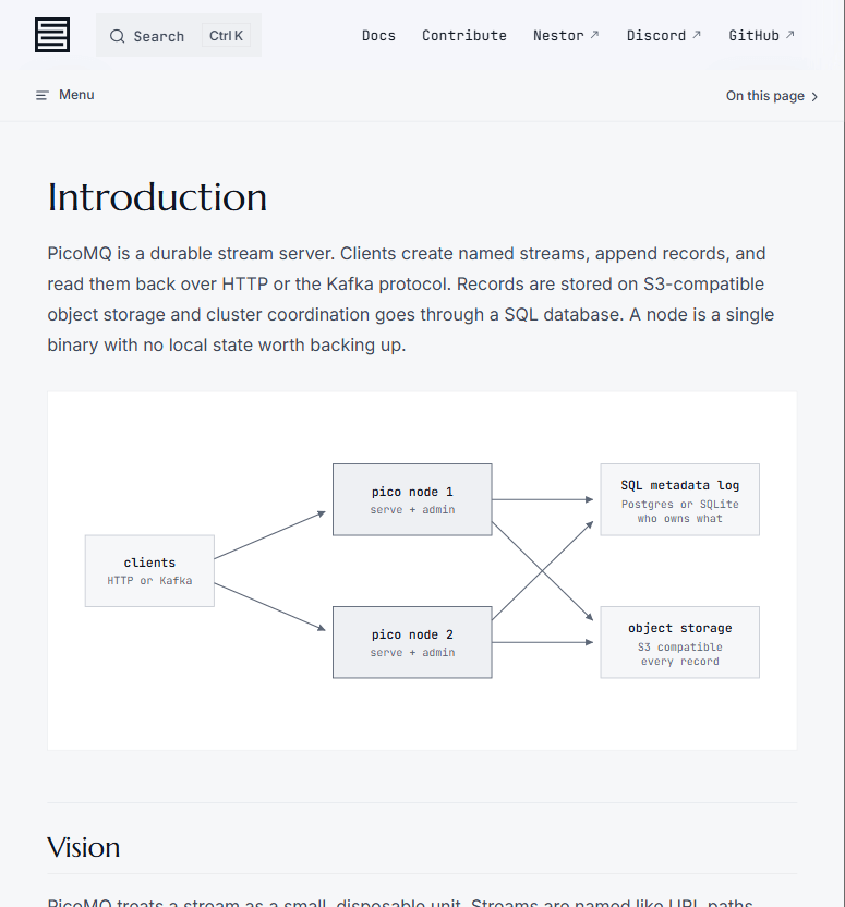 PicoMQ 架构:客户端经 HTTP/Kafka 连到无状态节点,元数据在 SQL、每条记录在 S3
