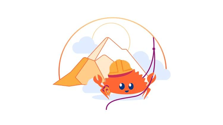 Pingora 吉祥物：戴安全帽的 Rust 螃蟹在雪山旁收线（Cloudflare 官方）