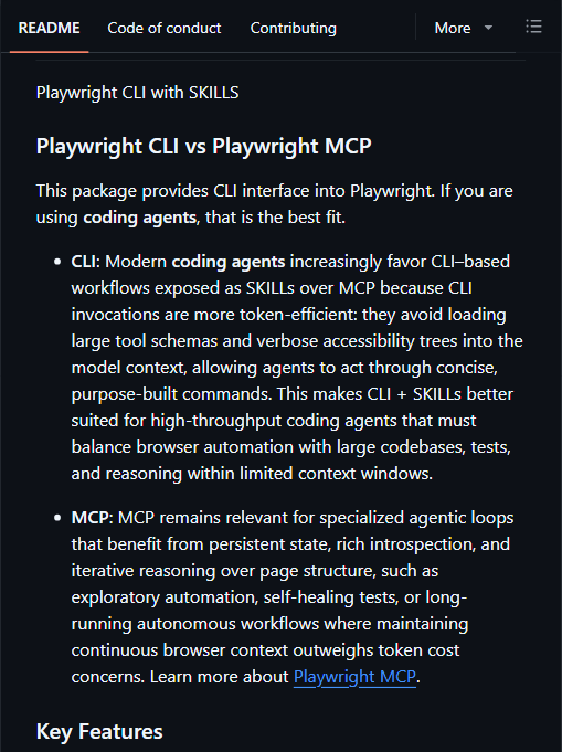 microsoft/playwright-cli README 截图：官方直接对比"CLI vs MCP"——CLI 以 SKILLs 暴露、省去载入庞大工具 schema 与可访问性树，更省 token；MCP 则保留持久状态与富内省，适合探索式自动化与自修复测试