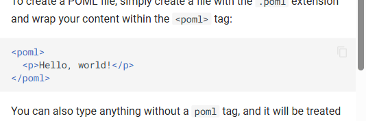 POML 基础语法：顶层 <poml> 包裹，独立 .poml 文件模式（官方文档截图）