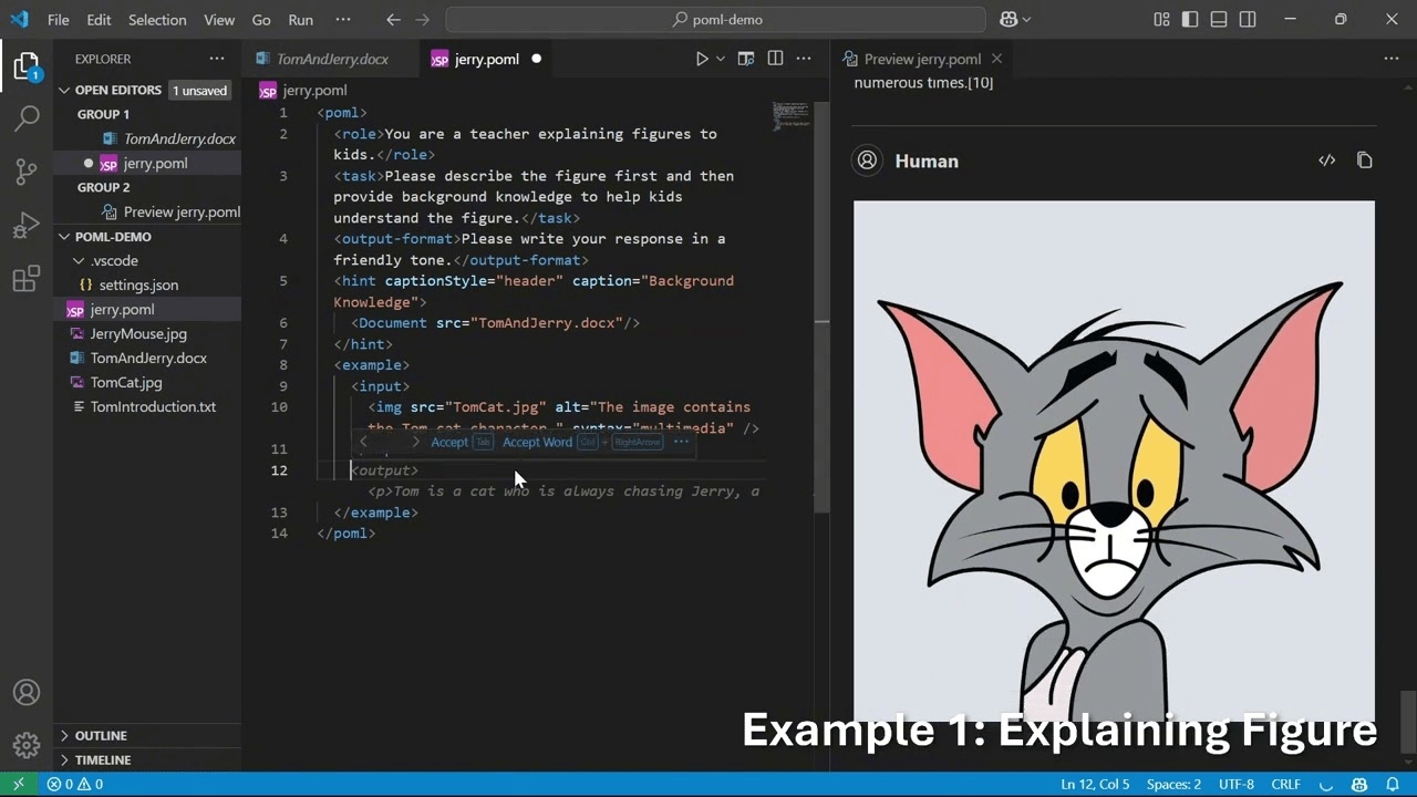 VS Code 中编辑 jerry.poml：左侧 <role>/<task>/<example>/<Document> 标签，右侧实时预览渲染出的图片（官方 5 分钟指南截图）