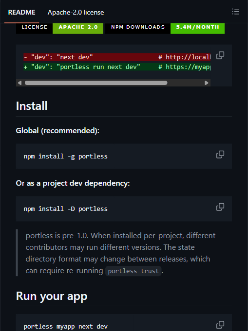 Portless 的核心 diff：把 "dev": "next dev" 换成 "dev": "portless run next dev"，URL 从 localhost:3000 变成 myapp.localhost