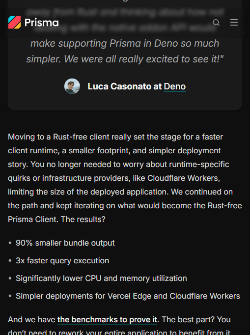 Prisma 7 官方公布的 Rust-free 客户端收益：包体积小 90%、查询快 3 倍、CPU/内存占用下降、Edge 部署更简单